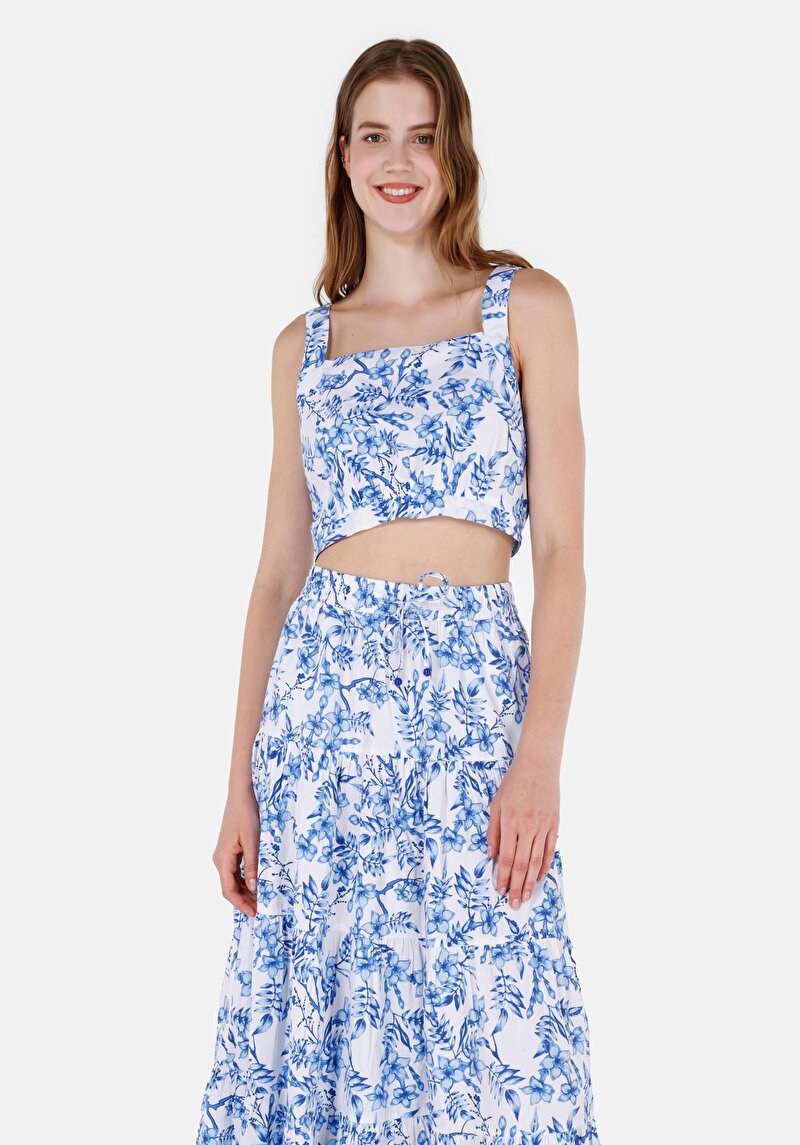 Slim Fit Kare Yaka Çiçekli Kadın Beyaz Kolsuz Gömlek