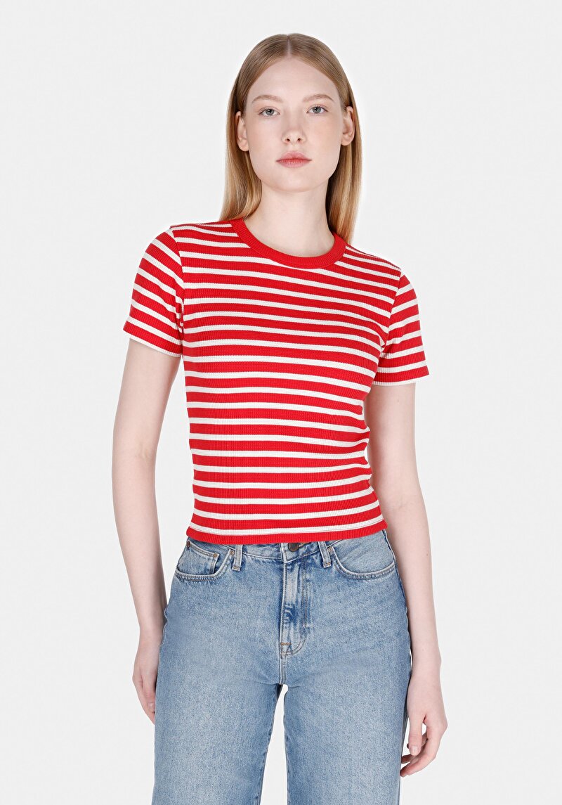 Slim Fit Yuvarlak Yaka Çizgili Kadın Kirmizi Kısa Kol Tişört