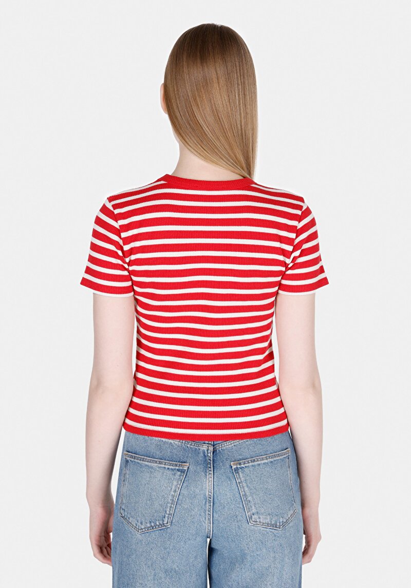 Slim Fit Yuvarlak Yaka Çizgili Kadın Kirmizi Kısa Kol Tişört