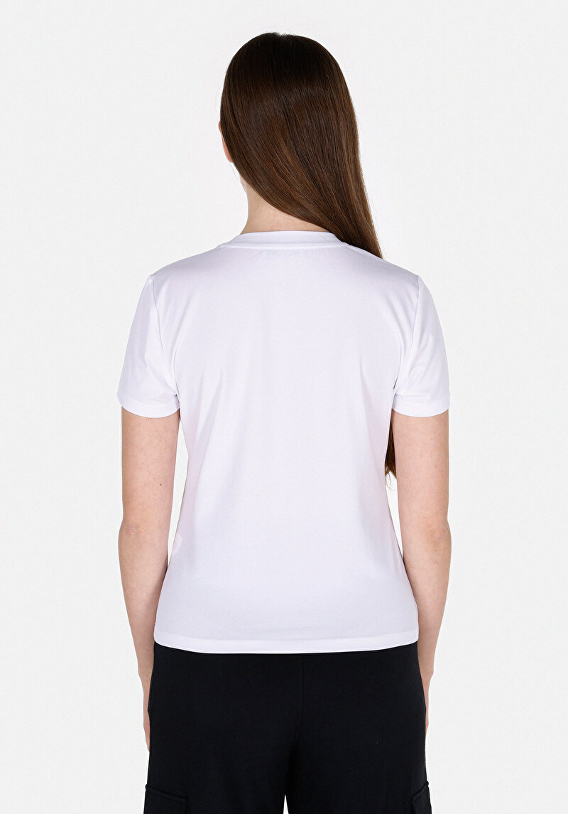 Slim Fit Yuvarlak Yaka Baskılı Kadın Beyaz Kısa Kol Tişört