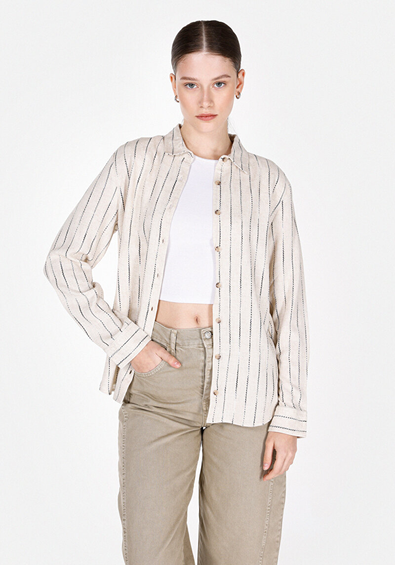 Regular Fit Shirt Neck Çizgili Kadın Bej Uzun Kol Gömlek