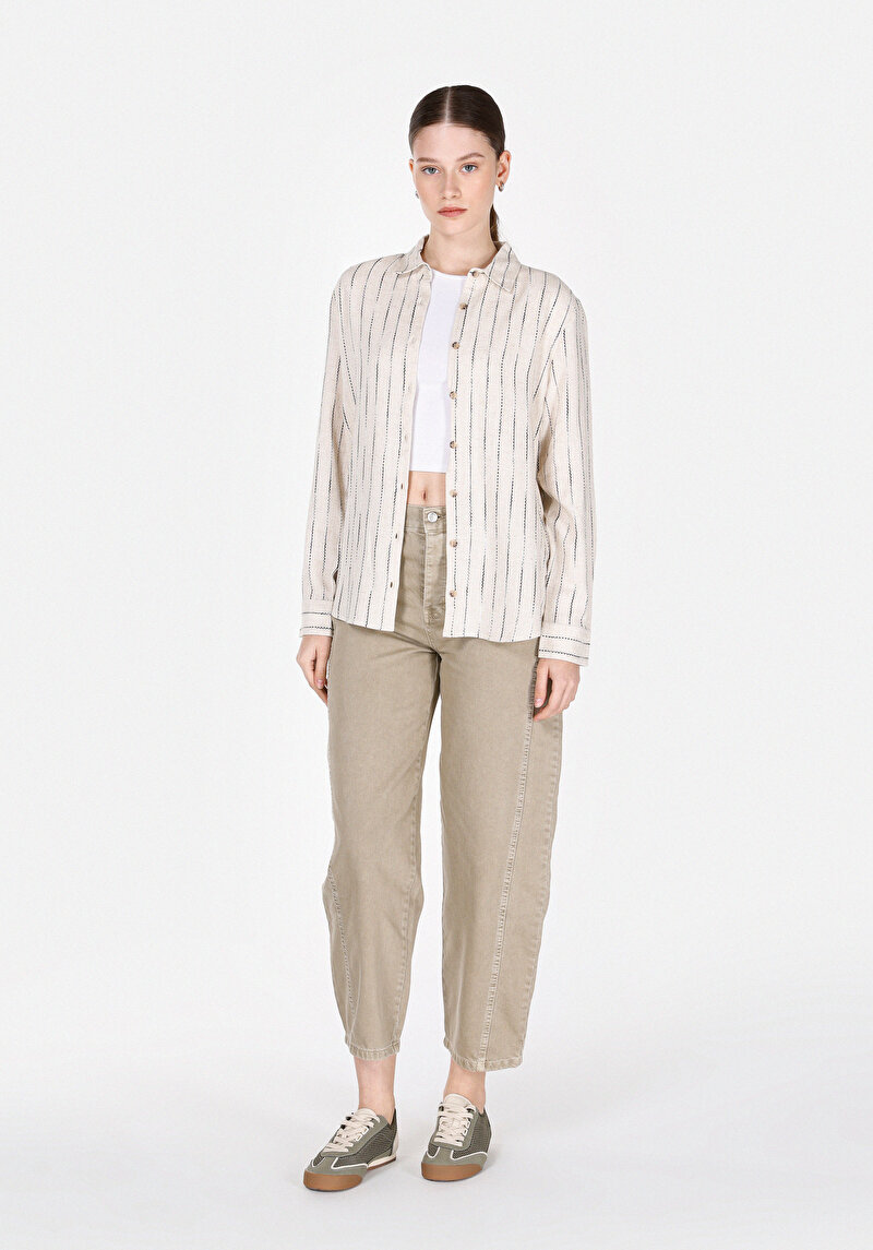 Regular Fit Shirt Neck Çizgili Kadın Bej Uzun Kol Gömlek