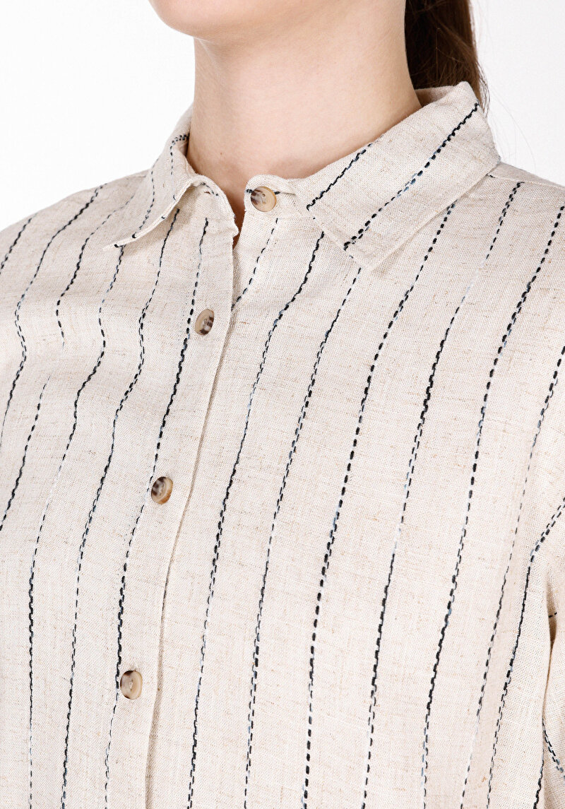 Regular Fit Shirt Neck Çizgili Kadın Bej Uzun Kol Gömlek