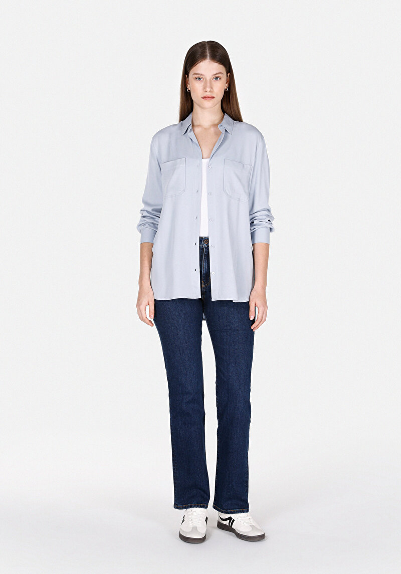 Viskozlu Regular Fit Shirt Neck Düz Kadın Mavi Roll-up Gömlek