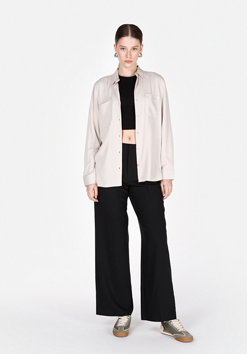 Regular Fit Shirt Neck Düz Kadın Vizon Roll-Up Gömlek