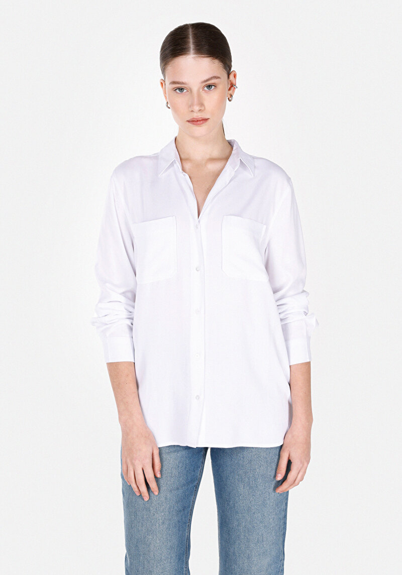 Viskozlu Regular Fit Shirt Neck Düz Kadın Beyaz Roll-up Gömlek