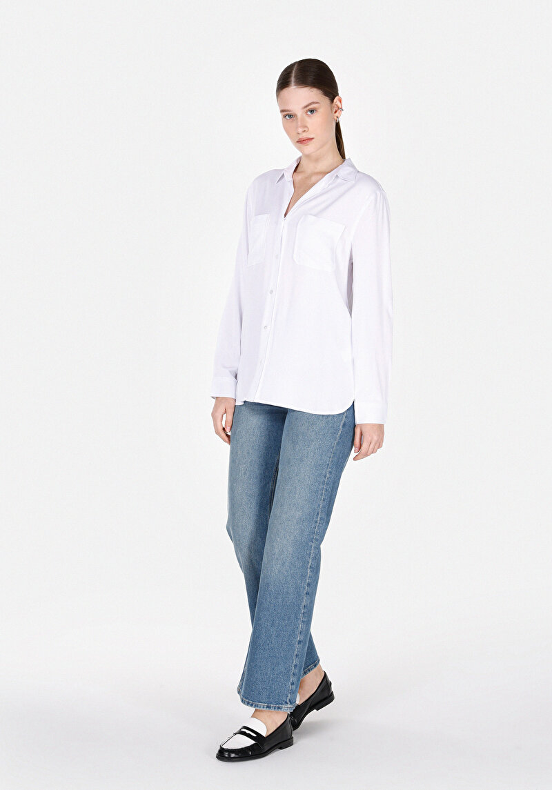 Viskozlu Regular Fit Shirt Neck Düz Kadın Beyaz Roll-up Gömlek