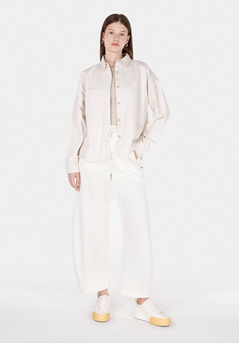 Regular Fit Orta Bel Nakışlı Kadın Beyaz Eşofman Altı