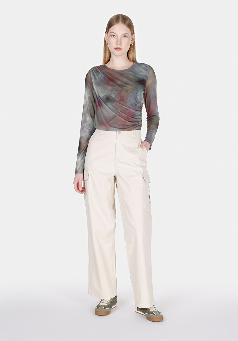 Regular Fit Yüksel Bel Geniş Paça Kadın Bej Pantolon