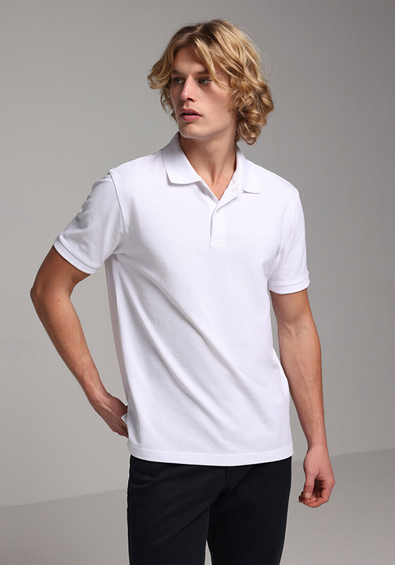 Regular Fit Polo Yaka Düz Erkek Beyaz Pamuklu Cepsiz Kısa Kol Tişört