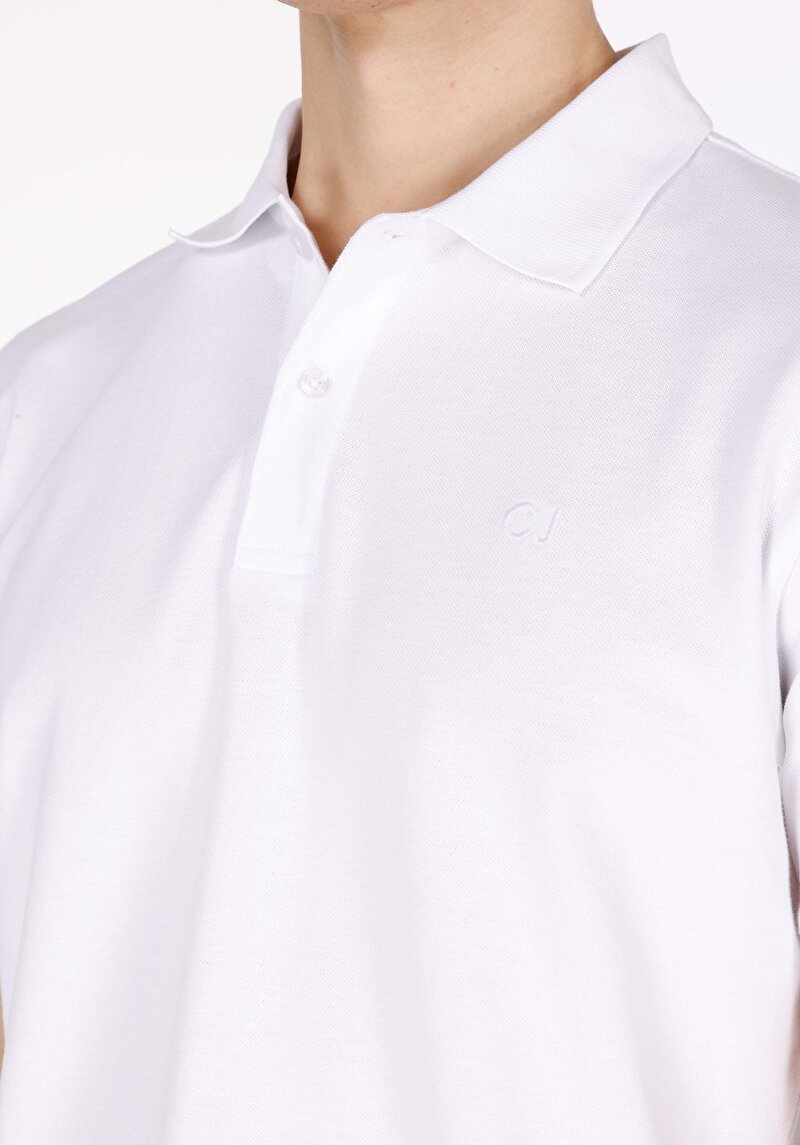 Regular Fit Polo Yaka Düz Erkek Beyaz Pamuklu Cepsiz Kısa Kol Tişört