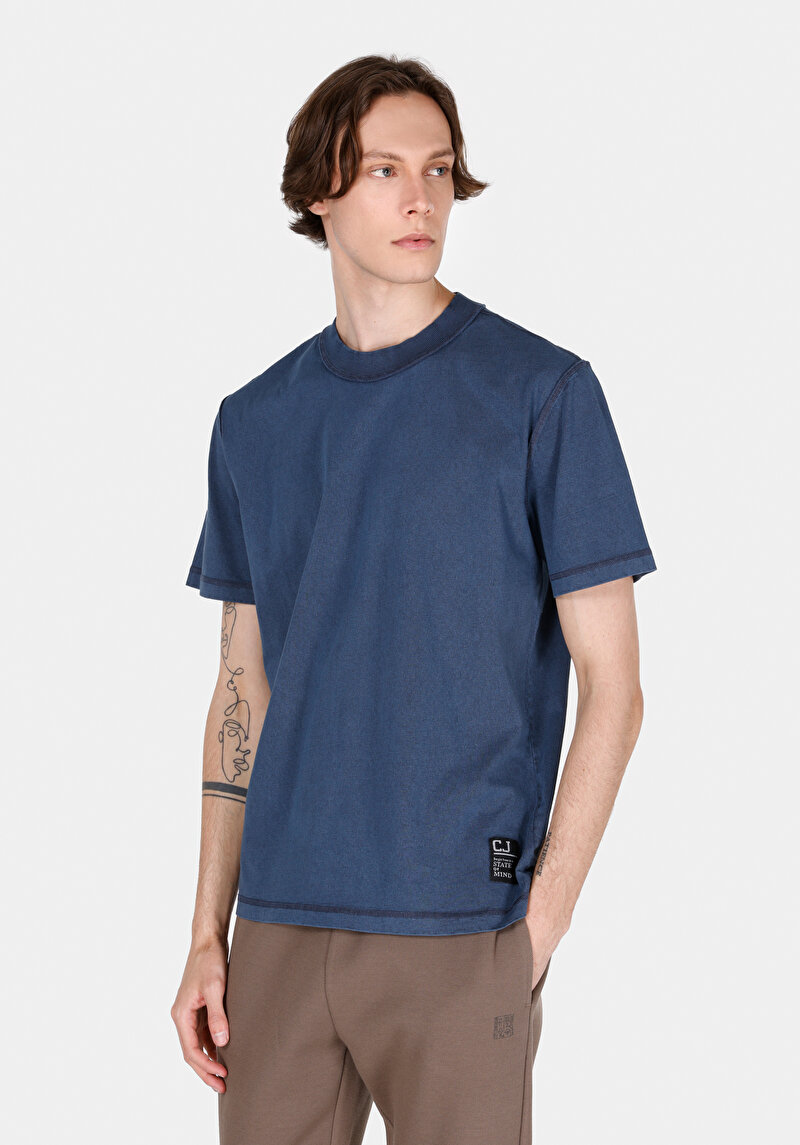 Comfort Fit Yuvarlak Yaka Düz Erkek Mavi Kısa Kol Tişört