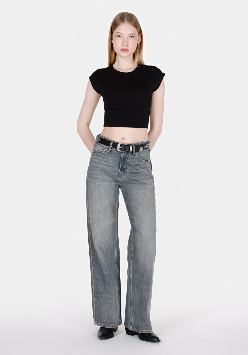 Regular Fit Yüksel Bel Geniş Paça Kadın Gri Jean Pantolon