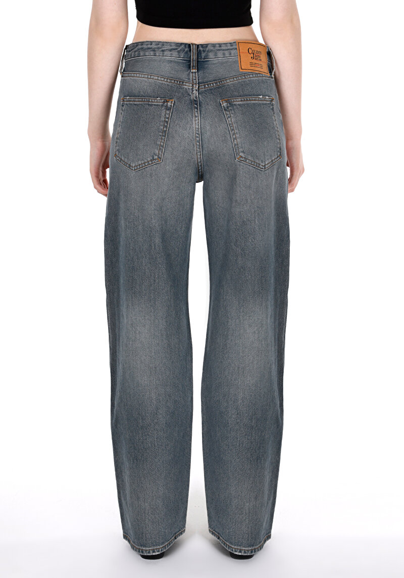 Regular Fit Yüksel Bel Geniş Paça Kadın Gri Jean Pantolon