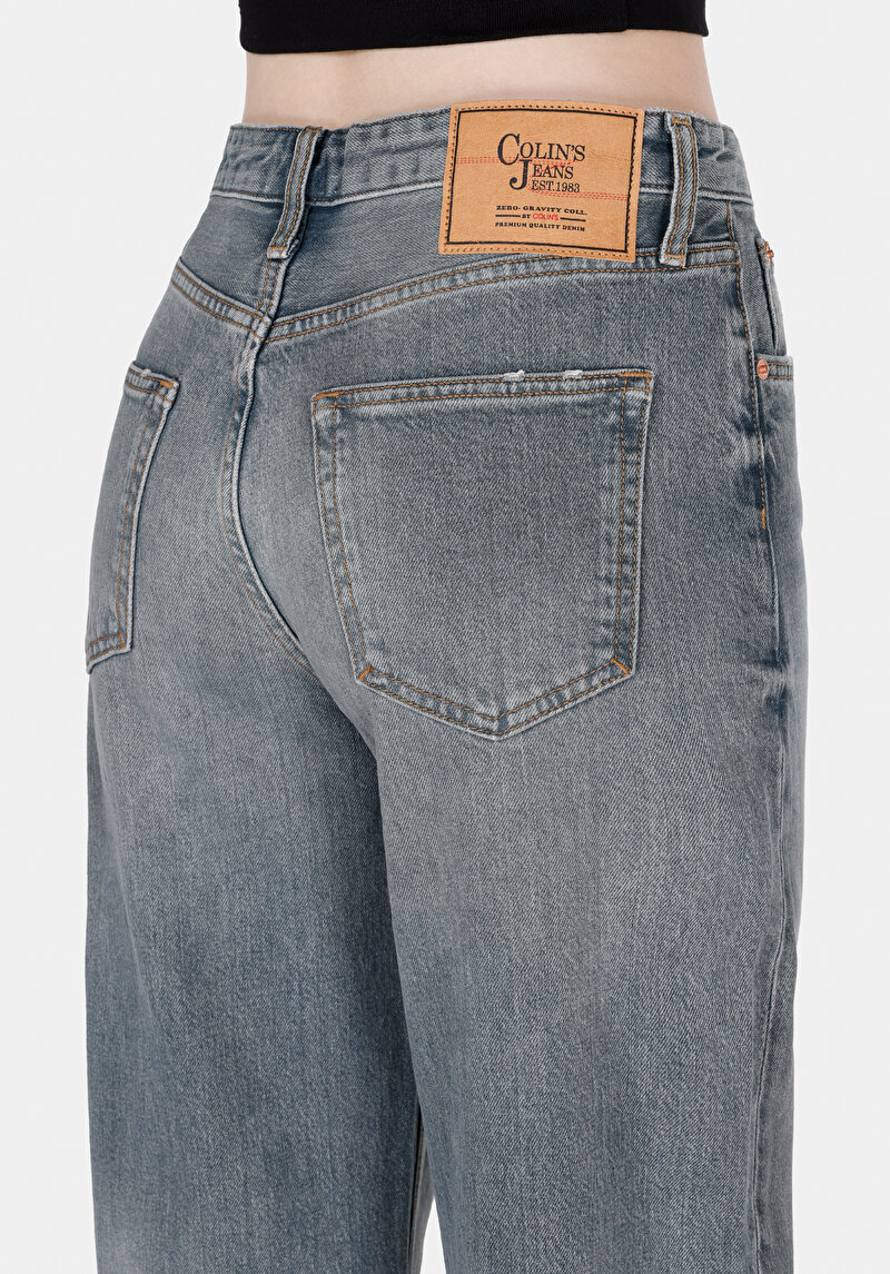 Regular Fit Yüksel Bel Geniş Paça Kadın Gri Jean Pantolon