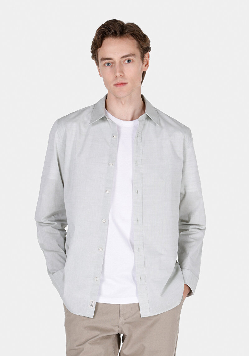 Regular Fit Shirt Neck Pamuklu Düz Erkek Yeşil Uzun Kol Gömlek