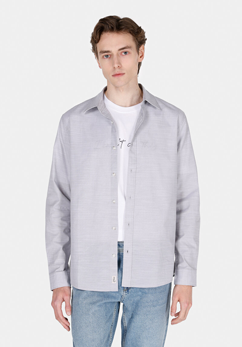 Regular Fit Shirt Neck Düz Erkek Taş Uzun Kol Gömlek