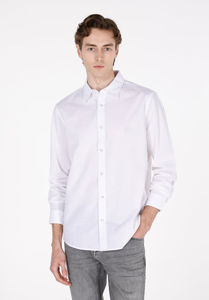 Regular Fit Shirt Neck Cepsiz Düz Erkek Beyaz Uzun Kol Gömlek