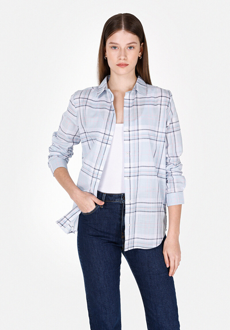 Regular Fit Shirt Neck Ekoseli Kadın Mavi Uzun Kol Gömlek