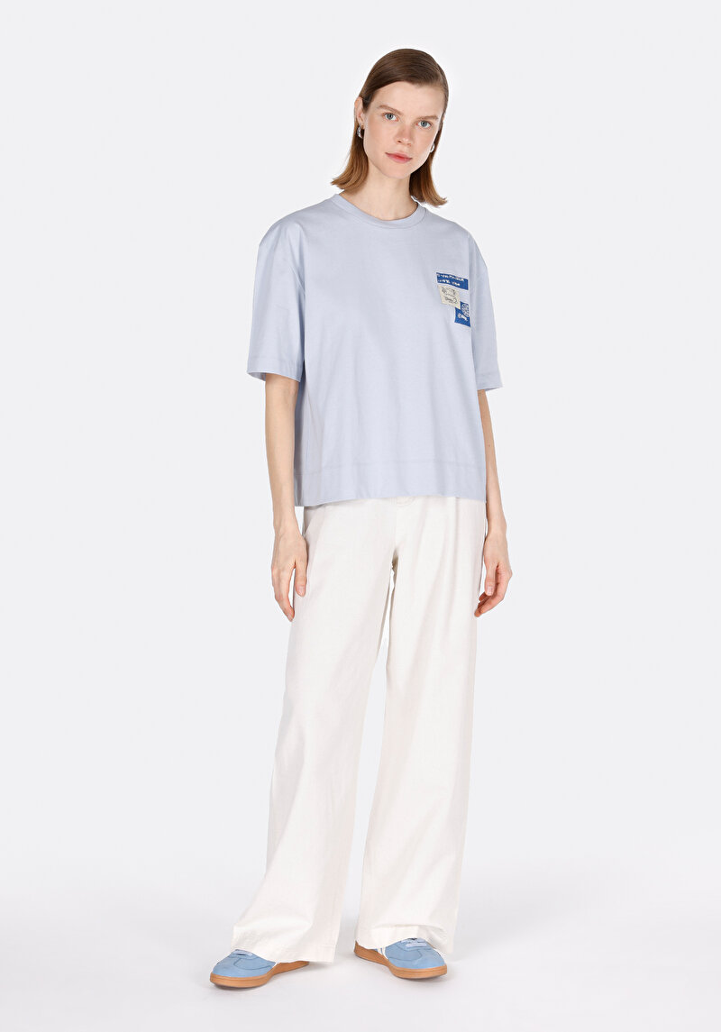 Regular Fit Yuvarlak Yaka Baskılı Kadın Mavi Kısa Kol Tişört