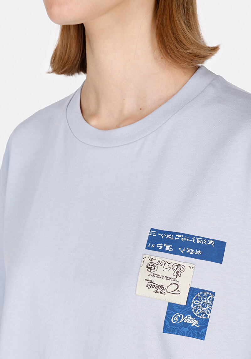 Regular Fit Yuvarlak Yaka Baskılı Kadın Mavi Kısa Kol Tişört