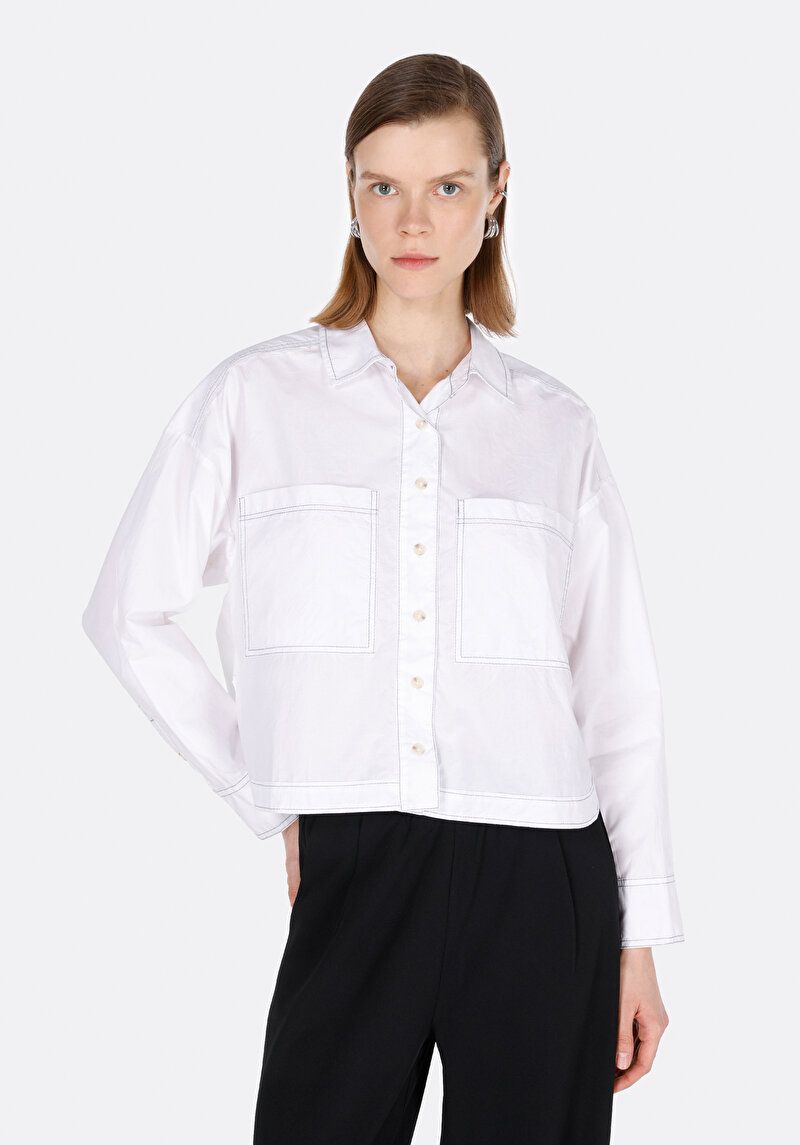 Regular Fit Shirt Neck Düz Kadın Beyaz Uzun Kol Gömlek