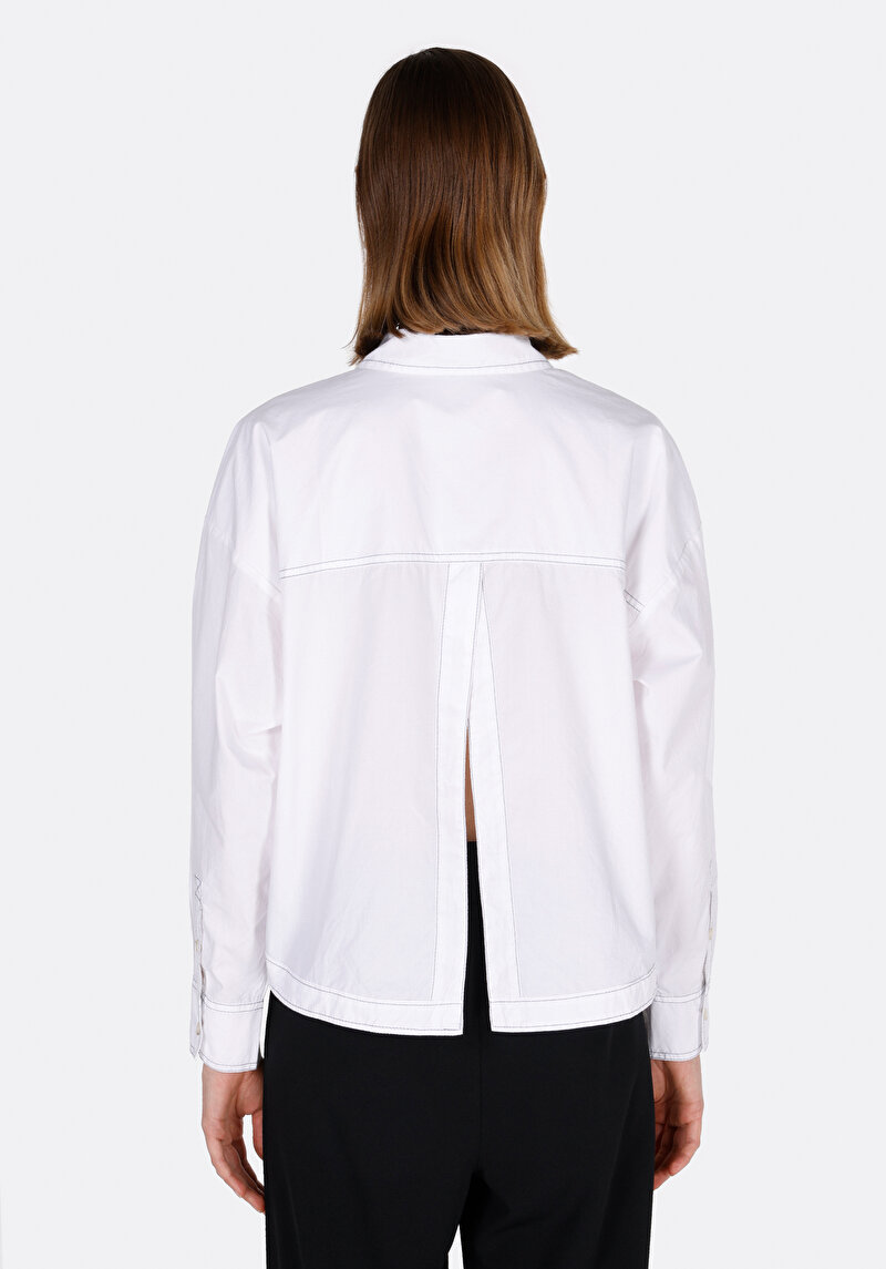 Regular Fit Shirt Neck Düz Kadın Beyaz Uzun Kol Gömlek