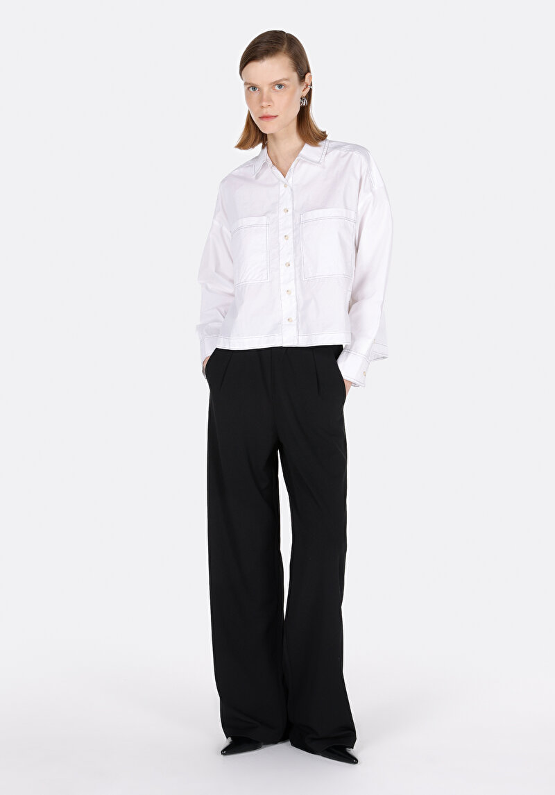 Regular Fit Shirt Neck Düz Kadın Beyaz Uzun Kol Gömlek
