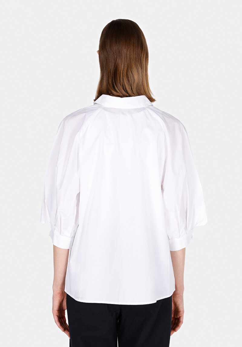 Regular Fit Shirt Neck Düz Kadın Beyaz ¾ Kol Gömlek
