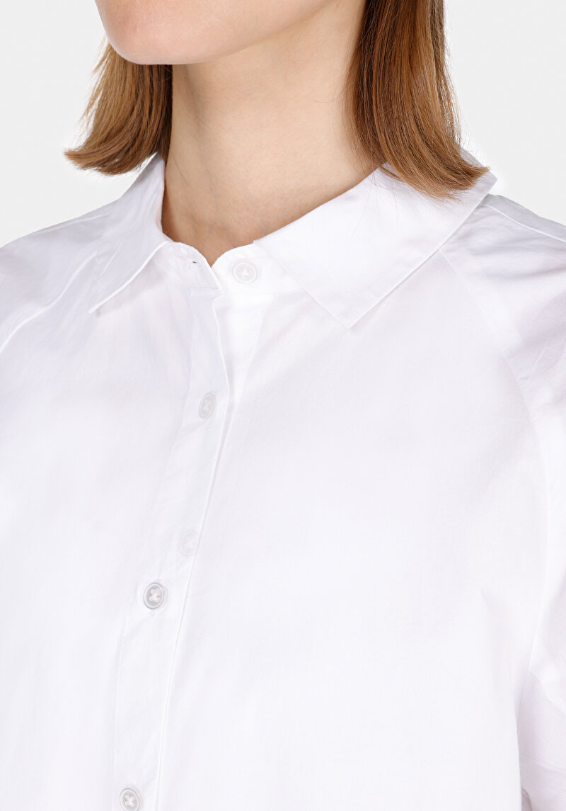 Regular Fit Shirt Neck Düz Kadın Beyaz ¾ Kol Gömlek