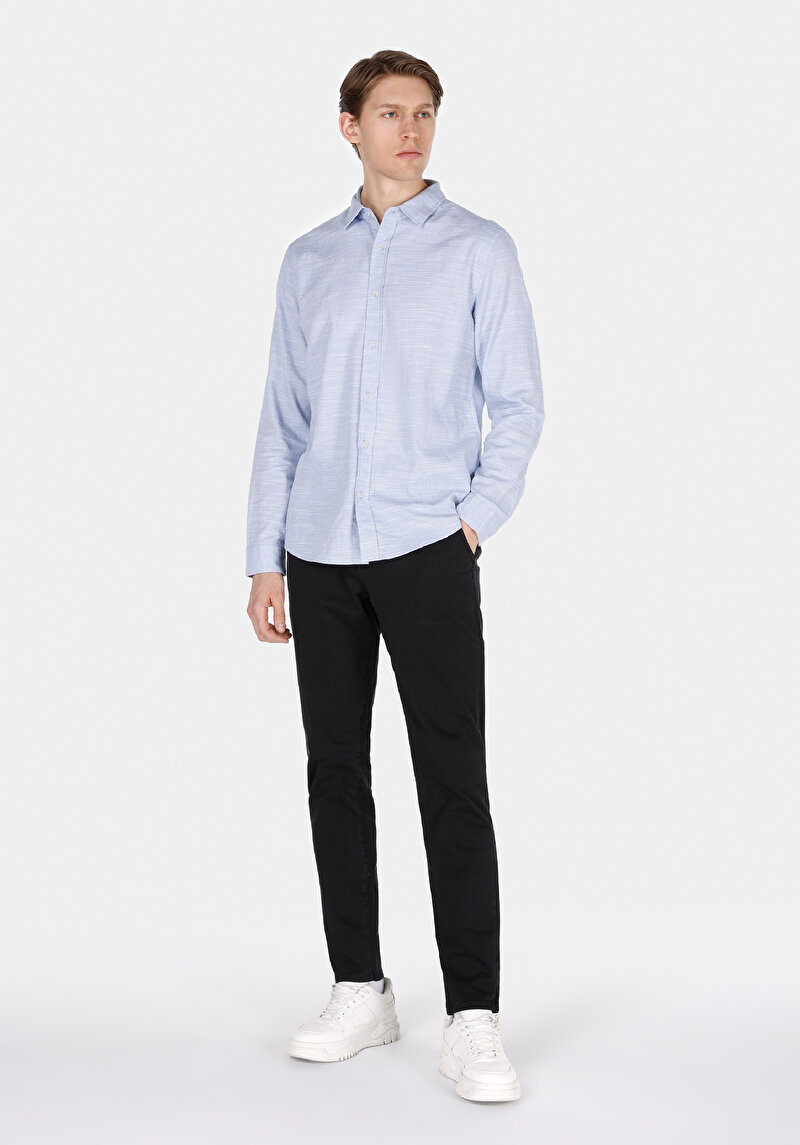 Slim Fit Orta Bel Düz Paça Erkek Siyah Düğmeli Pantolon