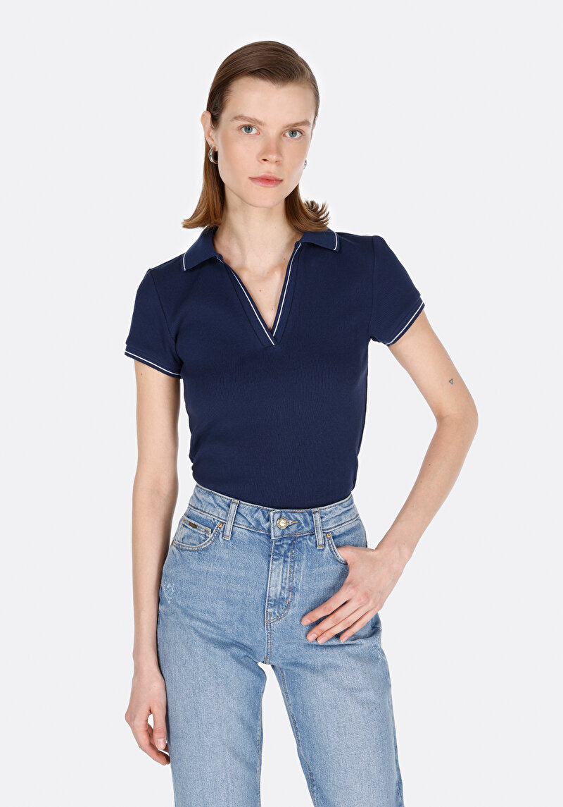 Slim Fit Polo Yaka Düz Kadın Lacivert Kısa Kol Tişört