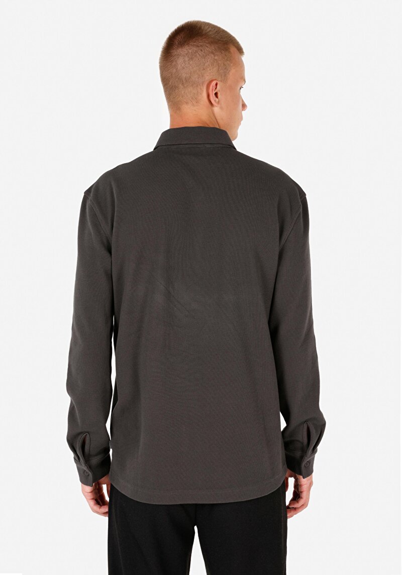 Regular Fit Polo Yaka Jakarlı Erkek Antrasit Uzun Kol Tişört