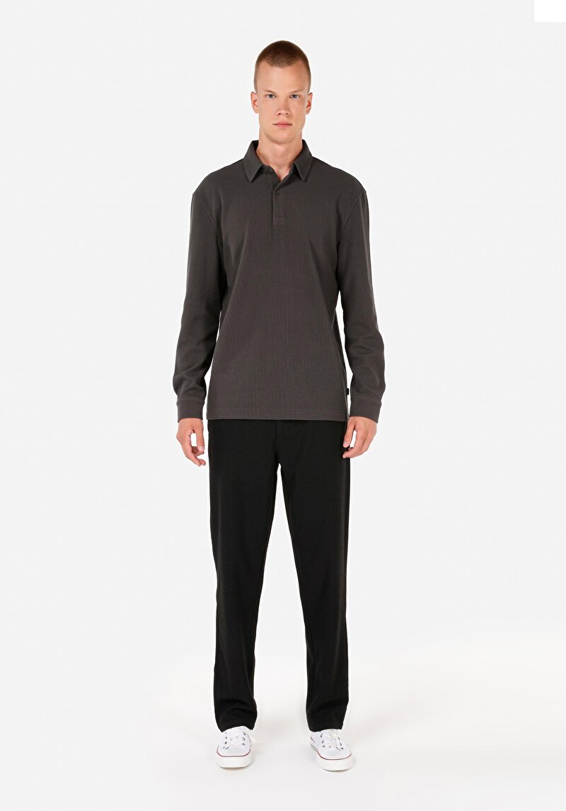 Regular Fit Polo Yaka Jakarlı Erkek Antrasit Uzun Kol Tişört