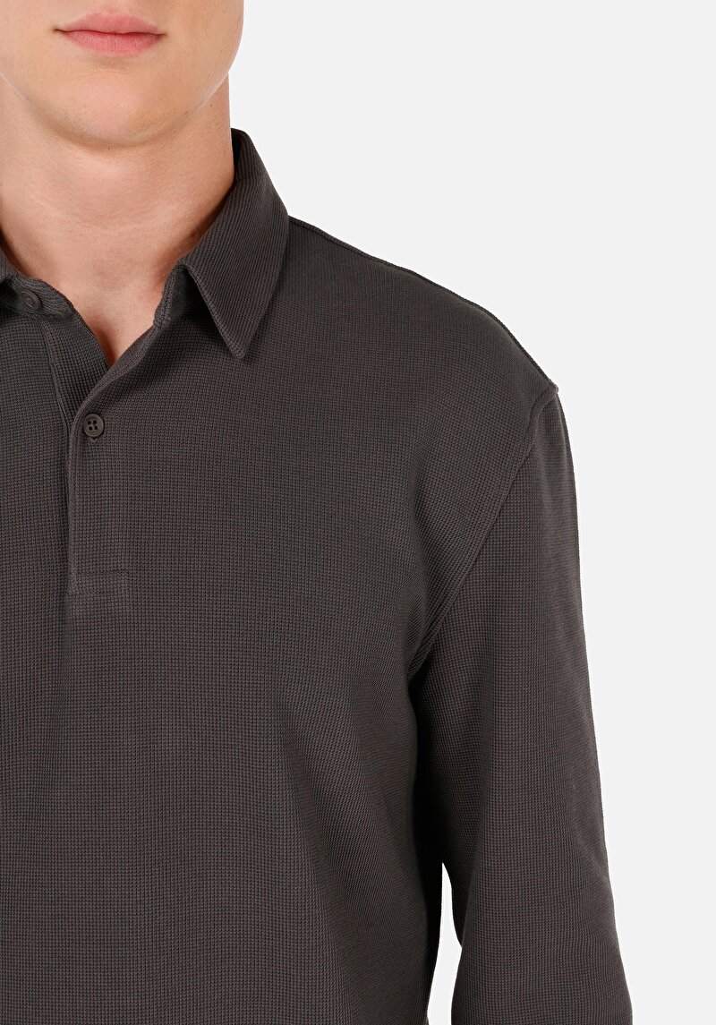 Regular Fit Polo Yaka Jakarlı Erkek Antrasit Uzun Kol Tişört