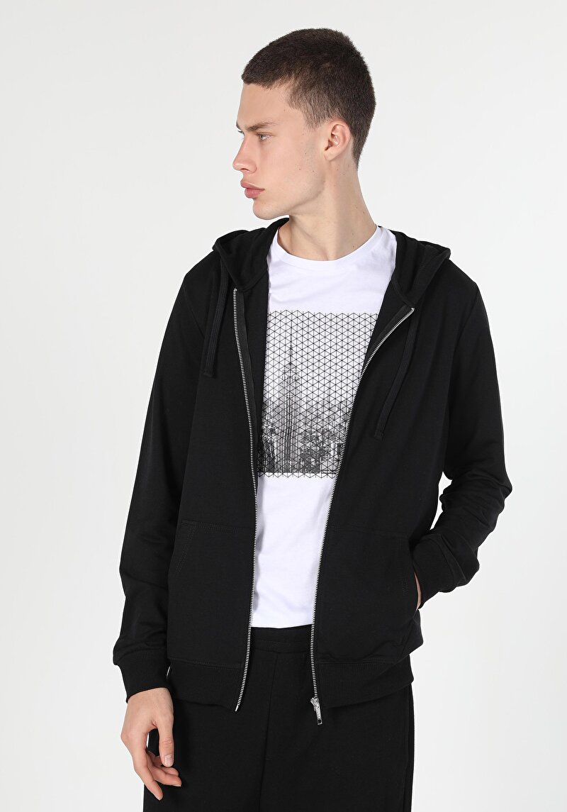 Regular Fit Kapüşonlu Erkek Siyah Sweatshirt