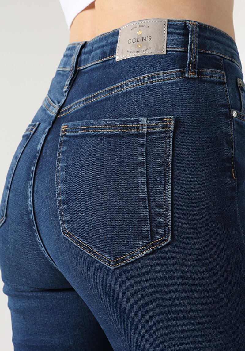 Skinny Fit Yüksel Bel Dar Paça Pamuk Kadın İndigo Jean Pantolon