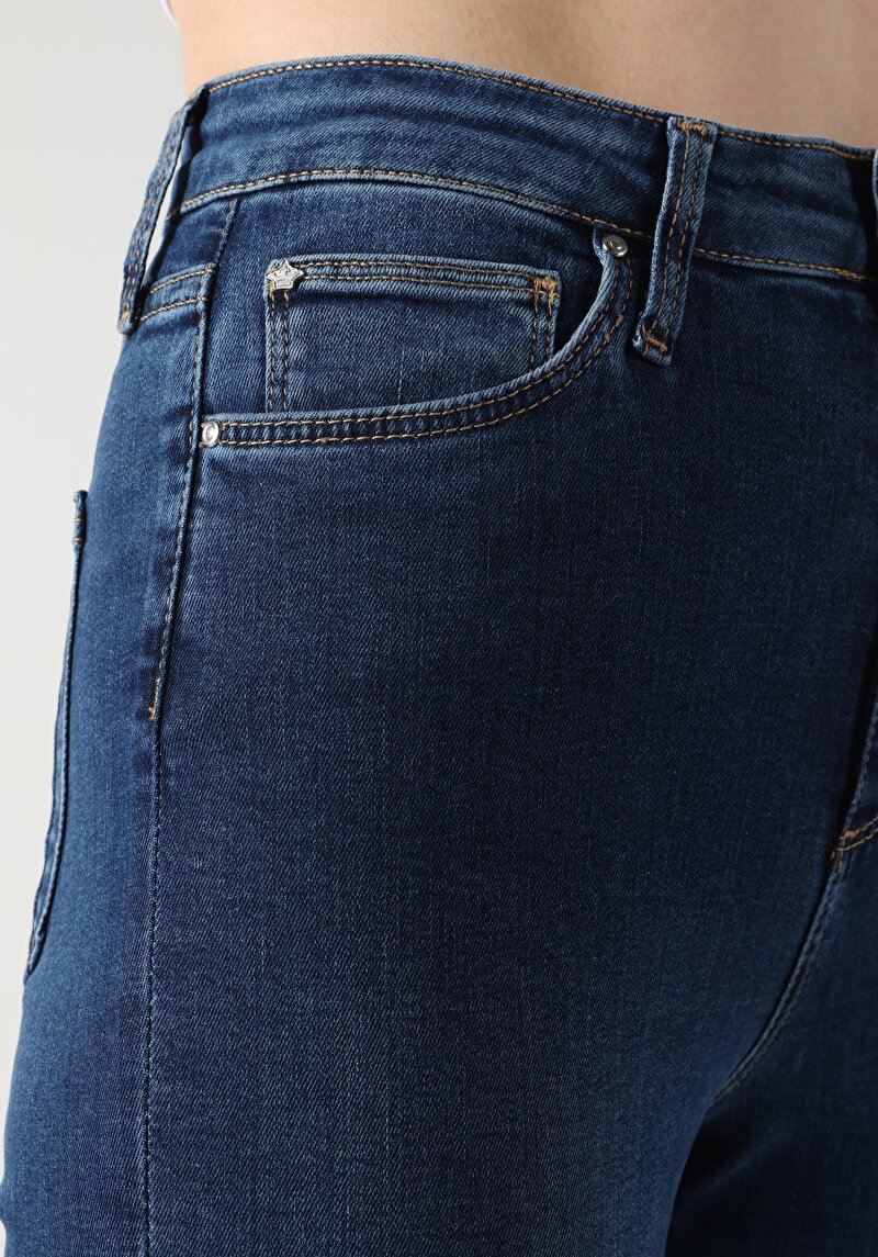 Skinny Fit Yüksel Bel Dar Paça Pamuk Kadın İndigo Jean Pantolon