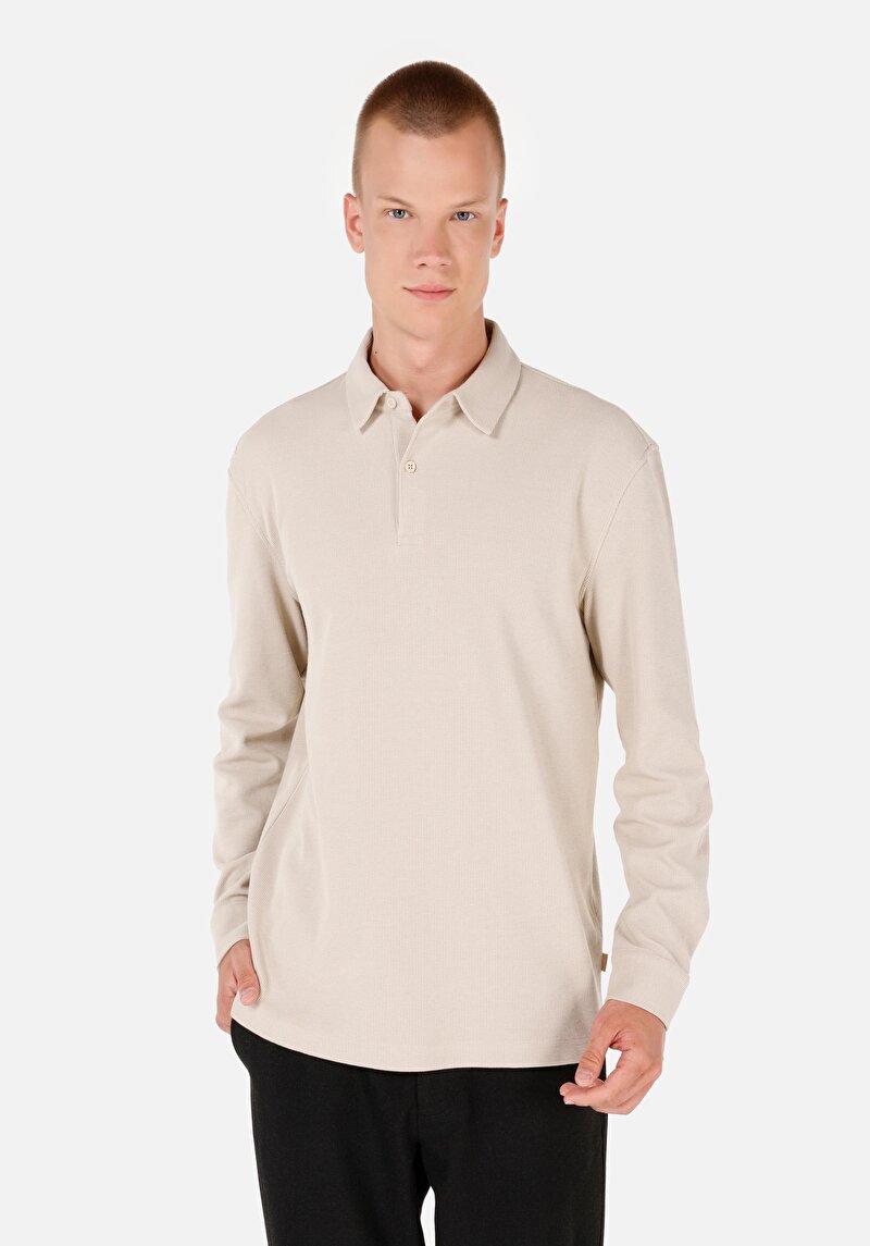 Regular Fit Polo Yaka Jakarlı Erkek Bej Uzun Kol Tişört