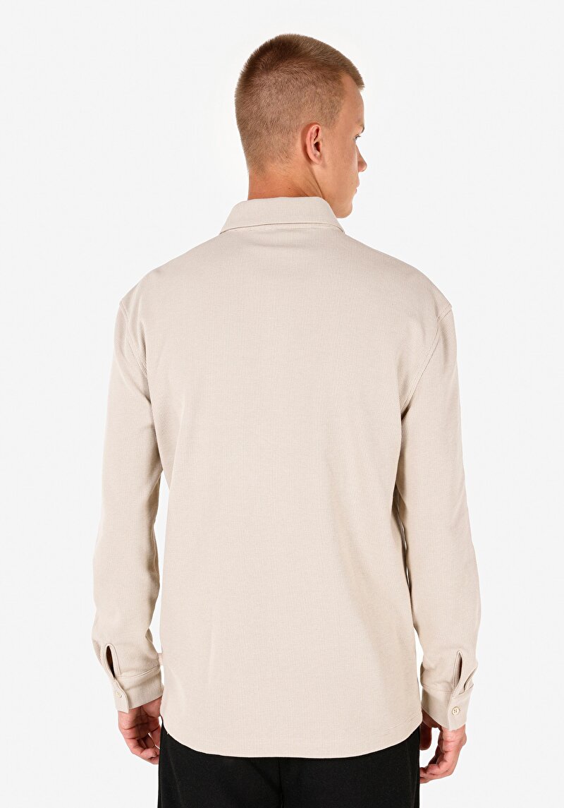 Regular Fit Polo Yaka Jakarlı Erkek Bej Uzun Kol Tişört