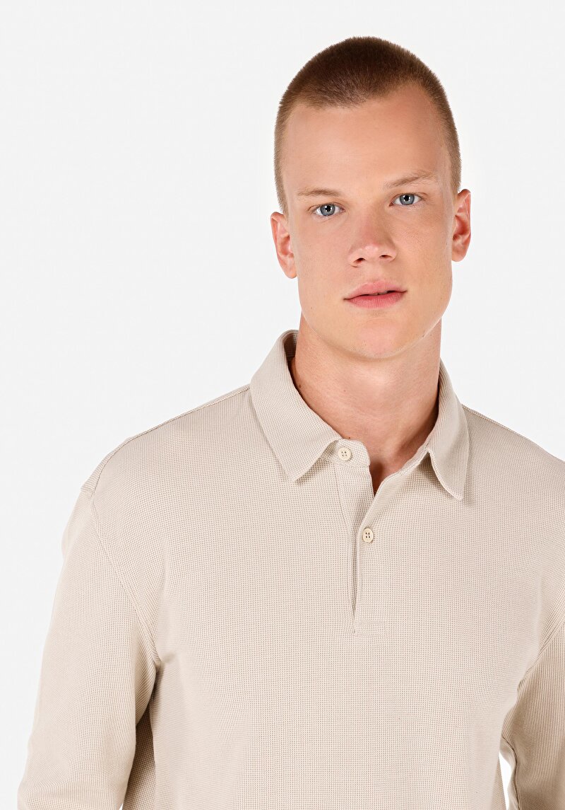 Regular Fit Polo Yaka Jakarlı Erkek Bej Uzun Kol Tişört