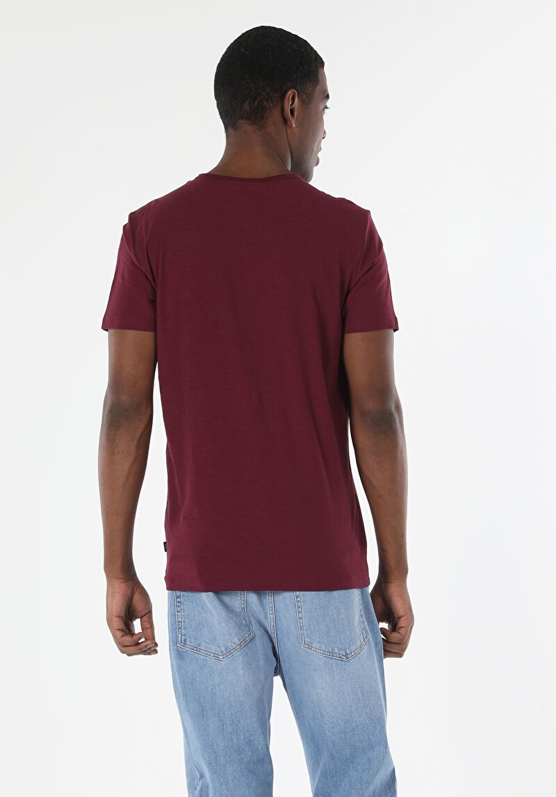 Classic Fit V Yaka Düz Erkek Bordo Kısa Kol Tişört