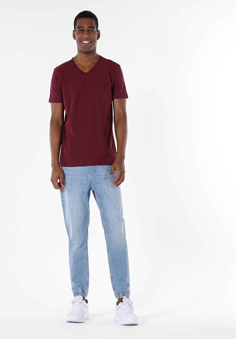 Classic Fit V Yaka Düz Erkek Bordo Kısa Kol Tişört