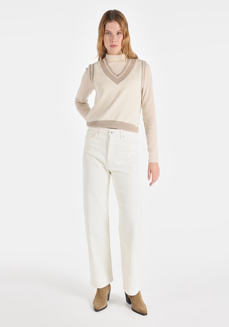 Regular Fit Yüksek Bel Geniş Paça Kadın Beyaz Pantolon