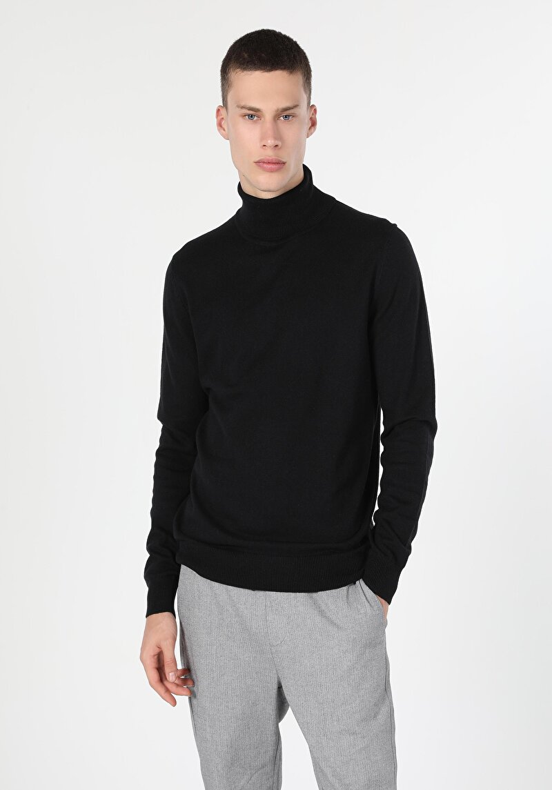 Slim Fit Balıkçı Yaka Jakarlı Erkek Siyah Kazak