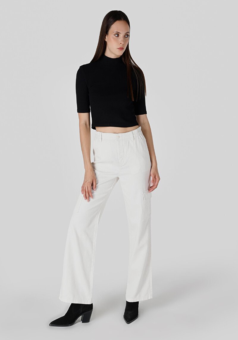 Regular Fit Yüksek Bel Geniş Paça Kadın Beyaz Pantolon