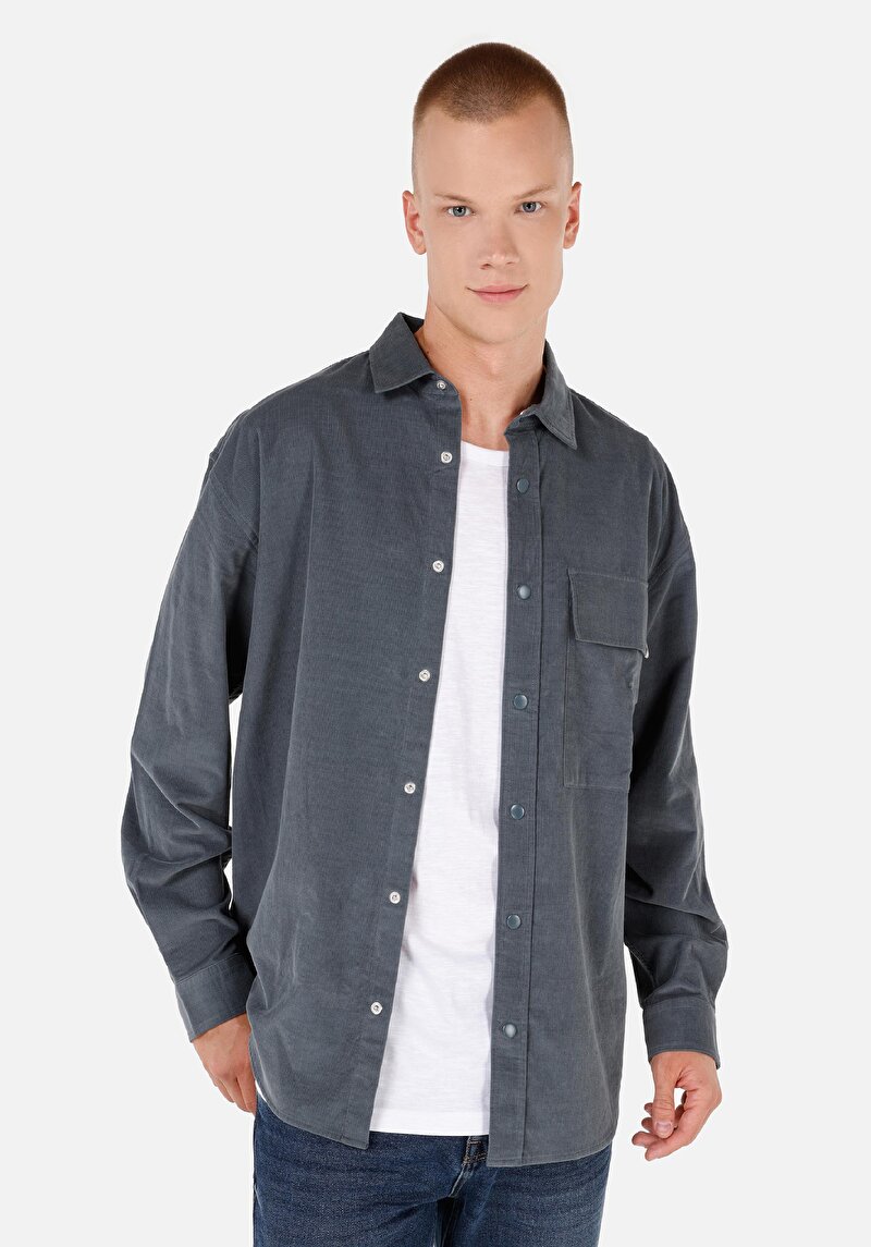 Comfort Fit Shirt Neck Düz Erkek Yeşil Uzun Kol Gömlek