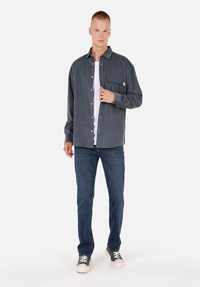 Comfort Fit Shirt Neck Düz Erkek Yeşil Uzun Kol Gömlek