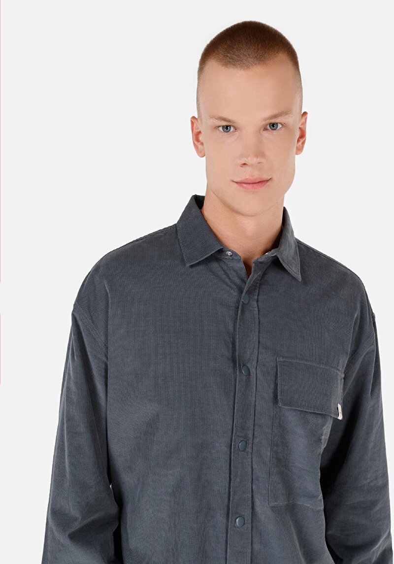 Comfort Fit Shirt Neck Düz Erkek Yeşil Uzun Kol Gömlek