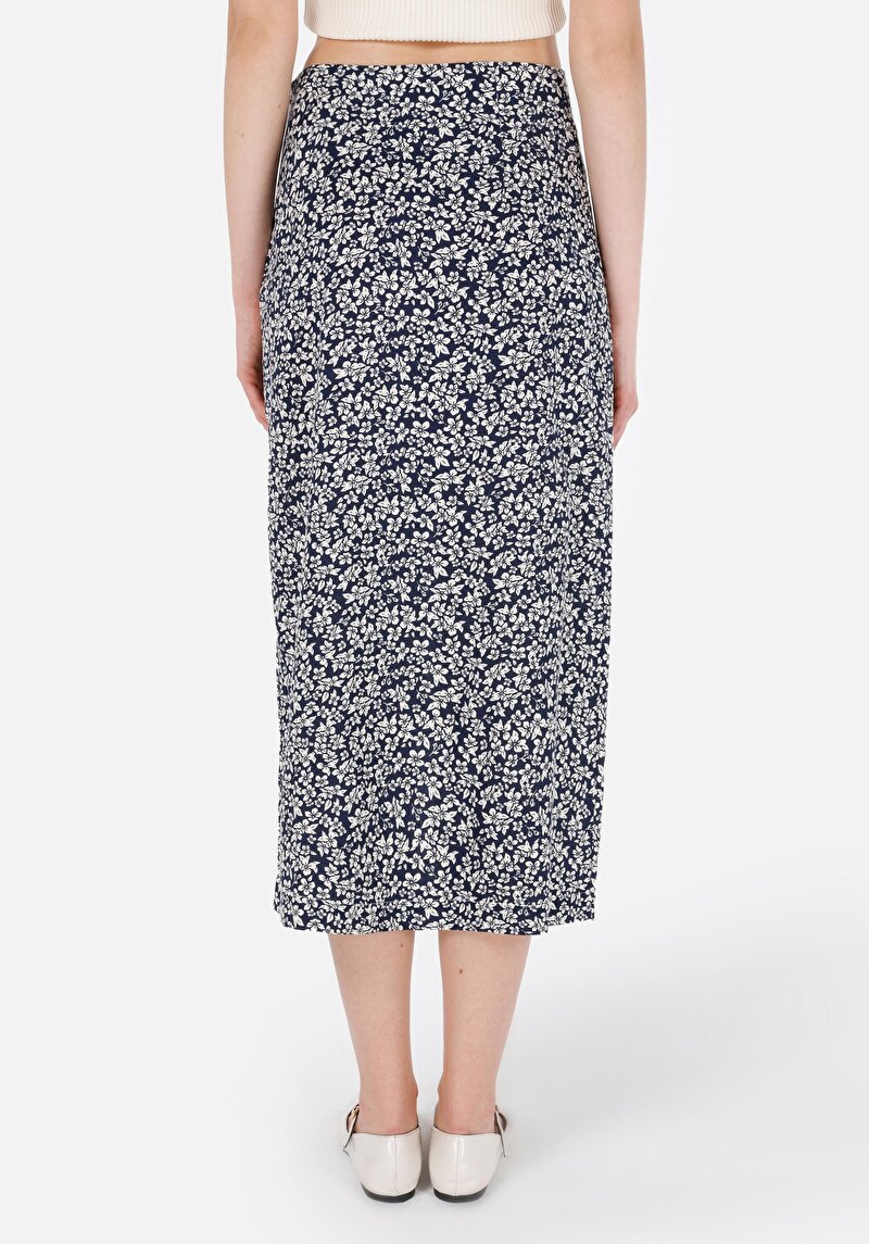 Midi Skirt Çiçekli Fermuarlı Kadın Lacivert Etek